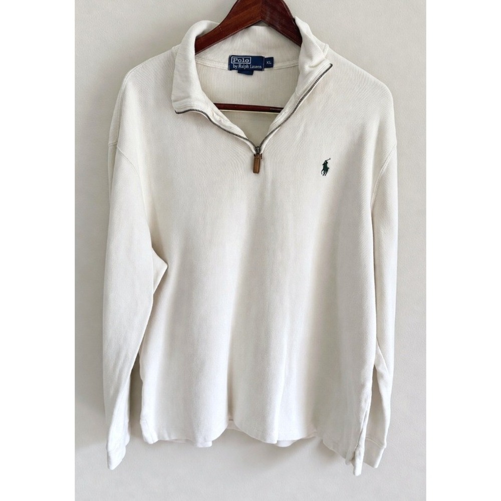 Polo Ralph Lauren Long Sleeve Men's Size XL 1/4 Zip Leather Tab Sweater White